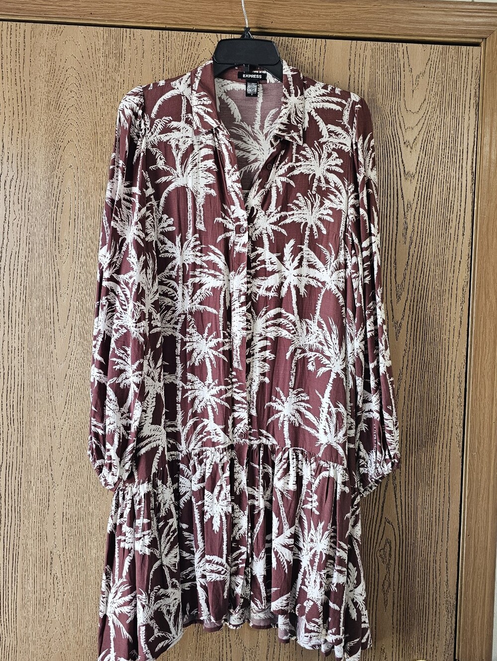 Express Maroon Palm-Print Long Sleeve Button Dress
